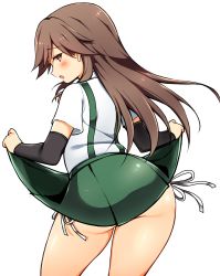 Rule 34 | 1girl, arashio (kancolle), arm warmers, ass, blush, brown eyes, clothes lift, embarrassed, highres, kantai collection, lifted by self, long hair, looking at viewer, looking back, open mouth, panties, pleated skirt, richou (zerozero1101), school uniform, shirt, short sleeves, side-tie panties, side-tie peek, skirt, skirt lift, solo, suspenders, underwear, white background, white shirt