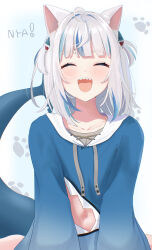 Rule 34 | 1girl, absurdres, animal ears, blue hair, blue hoodie, blush, cat ears, closed eyes, fins, fish tail, gawr gura, gawr gura (1st costume), grey hair, hair ornament, highres, hololive, hololive english, hood, hoodie, medium hair, multicolored hair, open mouth, sasamin, shark girl, shark hair ornament, shark tail, sharp teeth, smile, solo, streaked hair, tail, teeth, two side up, upper teeth only, virtual youtuber, white background