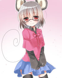 Rule 34 | 1girl, abe suke, alternate costume, animal ears, bespectacled, black thighhighs, blue skirt, eyebrows, glasses, grey hair, long sleeves, looking at viewer, mouse ears, mouse tail, nazrin, red eyes, red ribbon, ribbon, semi-rimless eyewear, short hair, simple background, skirt, sleeves past wrists, smile, solo, tail, thighhighs, touhou, under-rim eyewear, v arms