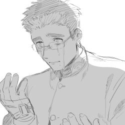 Rule 34 | 1boy, absurdres, commentary request, crying, crying with eyes open, gakuran, glasses, greyscale, hagiography, hand wraps, highres, male focus, monochrome, motoori shiro, parted lips, rimless eyewear, school uniform, short hair, simple background, sketch, solo, tears, thick eyebrows, tokyo houkago summoners, upper body, white background