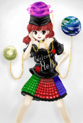 Rule 34 | 1girl, :d, bare arms, bare shoulders, black choker, black hat, black shirt, blue skirt, chain, choker, clothes writing, collarbone, cowboy shot, earth (ornament), english text, engrish text, eyebrows, facing viewer, gold chain, green skirt, hand on own hip, hat, heart, hecatia lapislazuli, leaning, leaning to the side, legs apart, long hair, looking at viewer, moon (ornament), multicolored clothes, multicolored skirt, off-shoulder shirt, off shoulder, official style, open mouth, pink lips, plaid, plaid skirt, ranguage, red eyes, red hair, red skirt, shirt, short sleeves, skirt, smile, solo, standing, swept bangs, tongue, touhou, yuki-ichigo, zun (style)