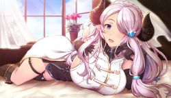 Rule 34 | 1girl, ass, blue eyes, boots, braid, breasts, chocolate, cleavage, draph, dress, granblue fantasy, hair over one eye, highres, horns, huge breasts, light purple hair, long hair, looking at viewer, lying, narmaya (granblue fantasy), on stomach, ouma tokiichi, pencil dress, pointy ears, single braid, smile, solo, thigh strap