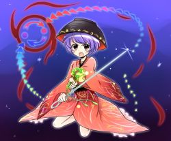 Rule 34 | 1girl, blush stickers, bowl, bowl hat, hat, japanese clothes, kneeling, mallet, mini person, minigirl, miracle mallet, needle, open mouth, purple hair, red eyes, short hair, solo, soumendaze, sukuna shinmyoumaru, touhou