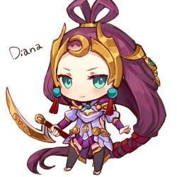 Rule 34 | 1girl, alternate costume, alternate hair color, blue eyes, blush, chibi, diana (league of legends), dress, holding, holding weapon, jewelry, league of legends, long hair, lots of jewelry, lowres, lunar goddess diana, momoko (momopoco), purple hair, simple background, smile, solo, text focus, weapon, white background