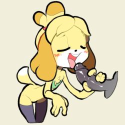 Rule 34 | 1girl, animal crossing, animal ears, bare shoulders, beige background, black thighhighs, blonde hair, blush, bottomless, cowboy shot, cropped legs, disembodied penis, dog ears, dog girl, dog tail, erection, closed eyes, flat chest, green tube top, hair tie, handjob, hands up, happy, isabelle (animal crossing), itsunknownanon, leaning forward, motion lines, nintendo, open mouth, penis, penis grab, short hair, simple background, smile, solo, standing, strapless, tail, teeth, thighhighs, tongue, tongue out, topknot, tube top, uncensored