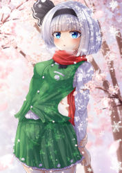 Rule 34 | 1girl, black hairband, blue eyes, blurry, cherry blossoms, cowboy shot, depth of field, green skirt, green vest, hairband, highres, holding own wrist, konpaku youmu, long sleeves, looking at viewer, one eye closed, open mouth, outdoors, red scarf, reijing etrn, scarf, shirt, short hair, silver hair, skirt, snowflakes, snowing, solo, standing, touhou, tree, vest, white shirt