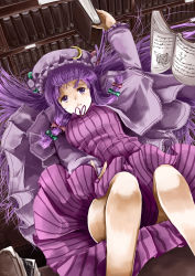 Rule 34 | 1girl, book, bookshelf, bow, crescent, crescent moon, female focus, from above, hair bow, hat, library, long hair, moon, multiple hair bows, patchouli knowledge, perspective, purple eyes, purple hair, sinzire, solo, touhou, voile