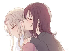 Rule 34 | 2girls, black shirt, blush, brown hair, closed eyes, closed mouth, commentary request, hand on another&#039;s shoulder, hazuki natsu, kissing ear, light brown hair, long hair, long sleeves, medium hair, multiple girls, original, pink shirt, shirt, simple background, upper body, white background, yuri