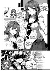 Rule 34 | 10s, 1boy, 2girls, :o, ^ ^, agano (kancolle), arrow (symbol), bag, bare arms, belt, braid, breasts, cleavage, clenched hand, closed eyes, collarbone, comic, emphasis lines, english text, engrish text, greyscale, hair between eyes, hand on own chin, hand up, head tilt, highres, holding, holding bag, kantai collection, long hair, long sleeves, medium breasts, monochrome, multiple girls, necktie, noshiro (kancolle), open mouth, outstretched arm, ranguage, school uniform, serafuku, shaded face, sheita, siblings, sidelocks, sisters, skirt, sleeveless, smile, speech bubble, standing, surprised, talking, translation request, twin braids