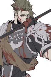 Rule 34 | 1boy, achilles (fate), armor, black shirt, blood, blood on clothes, blood on face, blood on hands, brown eyes, brown sash, covered mouth, fate/apocrypha, fate (series), haruakira, highres, holding, holding polearm, holding weapon, looking at viewer, male focus, mature male, muted color, polearm, ribbed shirt, shirt, short hair, shoulder armor, simple background, solo, undercut, upper body, weapon, white background