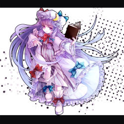 Rule 34 | 1girl, awa toka, blue hair, book, bow, breasts, crescent, dress, female focus, full body, gradient hair, hair bow, hat, long hair, multicolored hair, pantyhose, patchouli knowledge, purple eyes, purple hair, small breasts, smile, solo, touhou