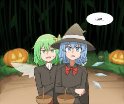 Rule 34 | 2girls, alternate costume, basket, black dress, blue eyes, blue hair, buttons, cirno, commentary, daiyousei, dark, dress, english commentary, english text, fairy, fairy wings, fangs, green eyes, green hair, halloween, halloween costume, hat, hat ribbon, highres, holding, ice, ice wings, jack-o&#039;-lantern, long sleeves, mata (matasoup), multiple girls, open mouth, red neckwear, ribbon, short hair, side ponytail, standing, touhou, trick or treat, wings, witch hat