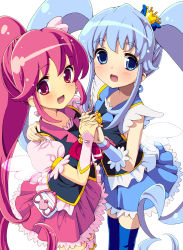 Rule 34 | 10s, 2girls, aino megumi, blue eyes, blue hair, blue thighhighs, blush, bow, brooch, crown, cure lovely, cure princess, happinesscharge precure!, heart, heart brooch, holding hands, homing (areya), jewelry, long hair, looking at viewer, magical girl, multiple girls, open mouth, pink bow, pink eyes, pink hair, ponytail, precure, shirayuki hime, simple background, skirt, thighhighs, twintails, white background, wide ponytail