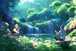 Rule 34 | 4boys, bare arms, black hair, black pants, blonde hair, campfire, camping, chair, final fantasy, final fantasy xv, fishing, fishing rod, flower, foliage, gladiolus amicitia, grey pants, hinoe (dd works), ignis scientia, looking at another, male focus, multiple boys, noctis lucis caelum, one eye closed, open mouth, outdoors, pants, prompto argentum, red shirt, shirt, short hair, sitting, sleeveless, sleeveless shirt, smile, spiked hair, t-shirt, taking picture, tent, tree, water, waterfall, white shirt