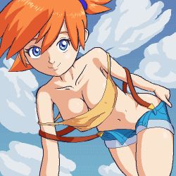 Rule 34 | 1girl, areola slip, armpits, asymmetrical hair, bare arms, bare shoulders, blouse, blue eyes, blush, breasts, closed mouth, cloud, collarbone, creatures (company), denim, denim shorts, dithering, from below, game freak, gym leader, hair between eyes, hair tie, jaggy lines, leaning forward, looking at viewer, lowres, mechadeka, medium breasts, midriff, misty (pokemon), navel, nintendo, nipples, no bra, off shoulder, open clothes, open fly, open shorts, orange hair, outdoors, pokemon, pokemon (anime), pokemon (classic anime), ponytail, shirt, short hair, shorts, side ponytail, sky, smile, solo, undressing, yellow shirt
