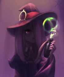 Rule 34 | 10s, 1girl, fausto, female focus, grin, hair over one eye, hat, little witch academia, potion, purple hair, raikoh-illust, red eyes, skull, smile, solo, sucy manbavaran, witch, witch hat