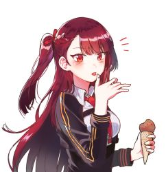 Rule 34 | 1girl, blazer, blush, braid, breasts, cheese (yongggam), collared shirt, food, french braid, girls&#039; frontline, gloves, hair ribbon, half updo, hand up, holding, holding food, ice cream, ice cream cone, jacket, large breasts, licking, licking finger, long hair, looking at viewer, necktie, one side up, open mouth, purple hair, red eyes, red necktie, ribbon, shirt, sidelocks, simple background, solo, strap, striped clothes, striped shirt, surprised, tongue, tongue out, upper body, very long hair, wa2000 (girls&#039; frontline), white background, white shirt