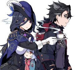 Rule 34 | 1boy, 2girls, black hair, black jacket, black skirt, blue capelet, blue eyes, blue hair, bow, bowtie, capelet, clorinde (genshin impact), commentary, corset, cup, from side, genshin impact, gloves, hat, highres, holding, holding saucer, jacket, long hair, long sleeves, multiple girls, parted lips, pink bow, pink bowtie, purple eyes, red eyes, sakana (fishchunk), saucer, shirt, sigewinne (genshin impact), simple background, skirt, teacup, tricorne, upper body, very long hair, white background, white gloves, white shirt, wriothesley (genshin impact)