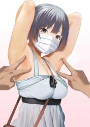 Rule 34 | 1girl, absurdres, armpit focus, armpits, arms up, bag, between breasts, blush, breasts, brown eyes, commentary request, dress, gradient background, highres, jewelry, looking at viewer, mask, mole, mole under eye, mouth mask, necklace, original, presenting armpit, short hair, shoulder bag, silver hair, solo focus, spread armpit, strap between breasts, surgical mask, upper body, urasuji samurai, white dress