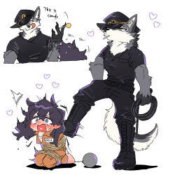 Rule 34 | 1boy, 1girl, animal ears, arms behind back, ball and chain restraint, black footwear, black hair, black pants, black shirt, blush, boots, bound, bound legs, candy, claws, closed mouth, collared jumpsuit, cropped torso, deformed, english text, food, full body, furry, furry male, grey eyes, grey fur, hand up, hat, hat over one eye, highres, holding, holding candy, holding food, holding lollipop, holding whip, jumpsuit, kicking, kneeling, licking lips, lollipop, long hair, looking at another, loving aura, mouth hold, multiple views, orange jumpsuit, original, pants, police, police hat, police uniform, prison clothes, rata (norahasu), shirt, short sleeves, simple background, standing, tail, tied up (nonsexual), tongue, tongue out, uniform, whip, white background, white fur, wolf boy, wolf ears, wolf tail