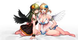 Rule 34 | 2girls, :d, :p, ahoge, angel, angel and devil, angel wings, arm support, armlet, ass, babydoll, back, bare arms, bare legs, bare shoulders, barefoot, bead bracelet, beads, black bra, black panties, black wings, blonde hair, blue bow, blue eyes, blue flower, blush, bow, bow bra, bow panties, bra, bracelet, braid, breasts, cain (grt1125), choker, cleavage, collarbone, commentary, demon, fang, feathered wings, feet, fingernails, flower, from behind, full body, green hair, hair between eyes, hair flower, hair ornament, hand on lap, highres, jewelry, large breasts, lingerie, long hair, looking at viewer, looking back, lowleg, lowleg panties, multiple girls, necklace, on bed, open mouth, orange flower, original, panties, scrunchie, short hair, side braid, sitting, small breasts, smile, soles, spread wings, thong, toenails, toes, tongue, tongue out, two side up, underwear, underwear only, wavy hair, white bra, white panties, white wings, wings, wrist scrunchie, yokozuwari