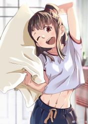 Rule 34 | 1girl, ;d, arm up, backlighting, beizhe mu jita de xiao zhu, black shorts, blurry, blurry background, brown hair, commentary, cowboy shot, day, depth of field, head tilt, highres, indoors, kagari atsuko, little witch academia, long hair, looking at viewer, navel, one eye closed, open mouth, pillow, ponytail, red eyes, round teeth, shawl, shirt, short sleeves, shorts, smile, stomach, tareme, teeth, topknot, weibo logo, weibo watermark, white shirt
