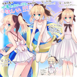 Rule 34 | 1girl, ahoge, artoria pendragon (all), artoria pendragon (fate), back bow, black bow, blonde hair, bow, casual one-piece swimsuit, closed mouth, dress, fate/unlimited codes, fate (series), floating hair, green eyes, hair between eyes, hair bow, highres, innertube, long hair, looking at viewer, multiple views, nayu tundora, one-piece swimsuit, outline, pleated dress, ponytail, saber lily, school swimsuit, short dress, shoulder blades, sidelocks, sleeveless, sleeveless dress, smile, standing, swim ring, swimsuit, thigh gap, white bow, white dress, white one-piece swimsuit, wrist bow