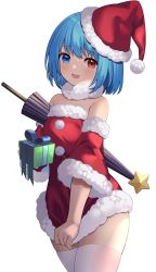 Rule 34 | 1girl, :d, alternate costume, bare shoulders, blue eyes, blue hair, blush, box, breasts, christmas, clothes pull, collarbone, commentary request, dress, dress pull, eyelashes, fur-trimmed headwear, fur-trimmed sleeves, fur trim, gift, gift box, hat, heterochromia, highres, holding, holding gift, karakasa obake, looking at viewer, oil-paper umbrella, open mouth, red dress, red eyes, santa hat, short dress, short hair, simple background, small breasts, smile, solo, standing, tatara kogasa, thighhighs, tilted headwear, touhou, umbrella, white background, white thighhighs, wide sleeves, yuujin (yuzinn333)