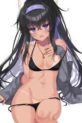 Rule 34 | 1girl, bikini, black bikini, black hair, blue archive, blue eyes, blush, breasts, cardigan, commentary request, crossed bangs, feet out of frame, grey cardigan, groin, hair between eyes, hairband, hand on own chest, jewelry, kuroninsensei, long sleeves, looking at viewer, lower teeth only, navel, off shoulder, open cardigan, open clothes, open mouth, pendant, ponytail, purple eyes, purple hairband, revealing tanlines, sidelocks, signature, simple background, sitting, sleeves past wrists, small breasts, solo, stomach, sweatdrop, swimsuit, tan, tanline, tanlines, teeth, ui (blue archive), ui (swimsuit) (blue archive), undressing, white background