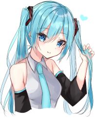 Rule 34 | 1girl, aqua eyes, aqua hair, aqua necktie, bad id, bad twitter id, bare shoulders, black sleeves, commentary, cropped torso, detached sleeves, grey shirt, hair ornament, hatsune miku, heart, highres, holding, holding hair, long hair, looking at viewer, necktie, shirt, sleeveless, sleeveless shirt, smile, solo, twintails, upper body, very long hair, viwop, vocaloid, white background