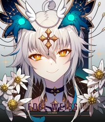 Rule 34 | ahoge, animal ears, antennae, bare shoulders, beads, black background, black choker, blue flower, character name, choker, closed mouth, collared shirt, cross, cross choker, cross hair ornament, english text, eyelashes, flower, flower request, gender request, gradient background, hair beads, hair flower, hair ornament, hen-tie, high collar, highres, light blush, lilidae, looking at viewer, original, shirt, short hair with long locks, sleeveless, sleeveless shirt, smile, solo, sparkle, upper body, white background, white flower, white hair, white shirt, wing hair ornament, yellow eyes
