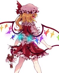 Rule 34 | 1girl, absurdres, back bow, blonde hair, bow, broken, commentary request, crystal, flandre scarlet, from behind, glowing, glowing eye, hair between eyes, hat, hat ribbon, highres, kaoling, laevatein (touhou), long hair, looking at viewer, looking back, mob cap, one side up, red eyes, red ribbon, red skirt, red vest, ribbon, shirt, short sleeves, side ponytail, simple background, skirt, slit pupils, socks, solo, stuffed animal, stuffed toy, teddy bear, torn clothes, torn skirt, torn sleeves, touhou, vest, white background, white bow, white shirt, white socks, wings, wrist cuffs, yellow neckwear