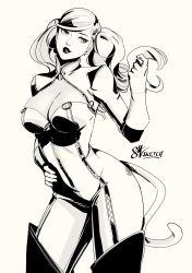 Rule 34 | 1girl, artist logo, bodysuit, boots, breasts, cleavage, clothing cutout, cowboy shot, eightyfourart, fake tail, greyscale, hair ornament, hairpin, hand on own hip, highres, impossible clothes, large breasts, long hair, looking at viewer, monochrome, persona, persona 5, playing with own hair, sketch, solo, tail, takamaki anne, thigh boots, twintails, zipper