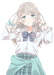 Rule 34 | 1girl, absurdres, bead bracelet, beads, blue bow, blue bowtie, blue eyes, blush, bow, bowtie, bracelet, breasts, closed mouth, clothes around waist, collarbone, dot nose, eitopondo, green skirt, grey hair, gyaru, hair ornament, hairclip, hand on own cheek, hand on own face, hands up, highres, idolmaster, idolmaster shiny colors, jewelry, long hair, long sleeves, looking at viewer, official alternate hairstyle, plaid, plaid bow, plaid bowtie, plaid skirt, pleated skirt, serizawa asahi, shirt, simple background, skirt, small breasts, solo, white background, white shirt, wrist bow