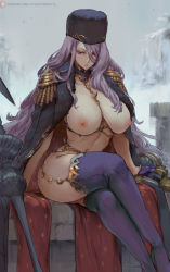 Rule 34 | 1girl, breasts, crymaria levin, cutesexyrobutts, epaulettes, gloves, hat, highres, huge breasts, long hair, looking at viewer, midriff, military, military uniform, navel, nipples, polearm, purple hair, purple thighhighs, sagging breasts, senjou no valkyria (series), senjou no valkyria 4, sitting, snow, solo, spear, thick thighs, thighhighs, thighs, topless, uniform, very long hair, weapon, winter