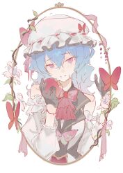 Rule 34 | 1girl, absurdres, apple, black dress, blue hair, border, bow, bowtie, bug, butterfly, detached sleeves, dress, flower, food, frilled hat, frilled sleeves, frills, fruit, hair between eyes, hat, head tilt, highres, holding, holding food, holding fruit, insect, leaf, long sleeves, looking at viewer, medium hair, mob cap, oval, parted lips, pfallen, pink eyes, pink ribbon, red bow, red bowtie, red butterfly, remilia scarlet, ribbon, ribbon-trimmed headwear, ribbon trim, round border, round image, simple background, sketch, solo, touhou, white background, white flower, white hat, white sleeves