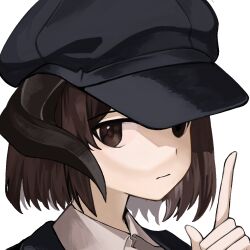 Rule 34 | 1girl, :|, black headwear, black jacket, blazer, brown eyes, brown hair, cabbie hat, closed mouth, expressionless, hat, horns, jacket, looking at viewer, original, pointing, qwas69, shirt, white shirt