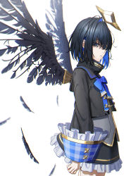 Rule 34 | 1girl, absurdres, alternate color, alternate hair color, amane kanata, black hair, black jacket, black skirt, black wings, blue eyes, blue hair, closed mouth, colored inner hair, cowboy shot, feathered wings, feathers, frilled jacket, frilled skirt, frilled sleeves, frills, from side, halo, highres, hololive, jacket, long sleeves, looking to the side, multicolored hair, otomi yuki, short hair, simple background, skirt, solo, standing, star halo, turtleneck, virtual youtuber, white background, wings