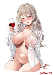 Rule 34 | 1girl, alcohol, blush, breasts, closed eyes, collarbone, collared shirt, commentary, cropped legs, cup, dress shirt, drinking glass, ebifurya, female pubic hair, grey hair, hair between eyes, highres, holding, holding cup, kantai collection, large breasts, long hair, long sleeves, midriff, naked shirt, navel, one eye closed, open clothes, open shirt, pola (kancolle), pubic hair, see-through, see-through shirt, shirt, simple background, smile, solo, teeth, thighs, twitter username, upper teeth only, visible air, white background, wine, wine glass