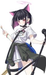 Rule 34 | 1girl, animal ears, black hair, black mask, blue archive, cat ears, clothes around waist, fork, halo, highres, holding, holding fork, holding microphone stand, jacket, jacket around waist, kazusa (band) (blue archive), kazusa (blue archive), lamune otohara, looking at viewer, mask, microphone, microphone stand, mouth mask, official alternate costume, pink hair, pink halo, red eyes, shirt, short hair, skirt, solo, thigh strap, white background, white shirt, white skirt