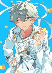 Rule 34 | 1boy, absurdres, blue background, blue eyes, buttons, commentary, earrings, ensemble stars!, fingernails, gold necklace, grey hair, hand up, heidbd, highres, jewelry, lapels, long sleeves, looking at viewer, male focus, necklace, notched lapels, one eye closed, sena izumi (ensemble stars!), short hair, single earring, solo