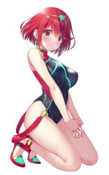 Rule 34 | 1girl, black one-piece swimsuit, breasts, chest jewel, competition swimsuit, highres, large breasts, na-ga, one-piece swimsuit, own hands clasped, own hands together, pyra (pro swimmer) (xenoblade), pyra (xenoblade), red eyes, red hair, red one-piece swimsuit, short hair, solo, swept bangs, swimsuit, two-tone swimsuit, xenoblade chronicles (series), xenoblade chronicles 2
