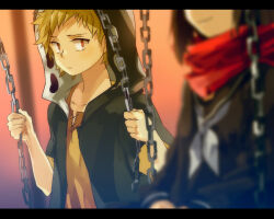 Rule 34 | 1boy, 1girl, black hoodie, black sailor collar, black serafuku, blonde hair, blurry, blurry foreground, brown hair, brown shirt, casual, chain, circle, closed mouth, commentary, cross-laced clothes, cross-laced slit, enpera, facing to the side, gradient background, head out of frame, hood, hood up, hoodie, kagerou project, kano shuuya, long sleeves, looking at another, looking to the side, mekakucity actors, multicolored background, neckerchief, nuriko-kun, orange background, outdoors, own hands together, pink background, print hoodie, purple background, red eyes, red scarf, sailor collar, scarf, school uniform, serafuku, shirt, short hair, short sleeves, single stripe, smile, solo focus, swing, tateyama ayano, two-sided hoodie, upper body, white hoodie, white neckerchief, white stripes