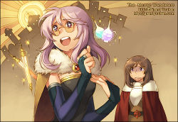 Rule 34 | 2girls, alchemist (ragnarok online), armor, black dress, blue gloves, bottle, breastplate, bridal gauntlets, brown cape, brown dress, brown hair, cape, city, commentary, dated commentary, dress, elbow gloves, english commentary, fur collar, glasses, gloves, grandyoukan, light purple hair, long hair, looking at another, looking to the side, lord knight (ragnarok online), lowres, multiple girls, nervous, open mouth, pauldrons, potion, purple eyes, ragnarok online, red cape, round eyewear, shoulder armor, star (symbol), star in eye, strapless, strapless dress, symbol in eye, upper body, vial, watermark, web address