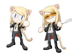 Rule 34 | &lt;|&gt; &lt;|&gt;, 1boy, animal ears, black jacket, blonde hair, cat ears, cat tail, cigarette, fate/grand order, fate (series), flapper shirt, full body, highres, holding, holding cigarette, jacket, jewelry, long hair, looking at viewer, male focus, medallion, midriff, midriff peek, navel, necklace, neco-arc, open clothes, open jacket, orange-tinted eyewear, shirt, simple background, smile, smoke, solo, sunglasses, tail, tezcatlipoca (fate), tinted eyewear, washblackmud, white background, white shirt