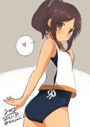 Rule 34 | 10s, 1girl, ass, bad id, bad twitter id, bare shoulders, blush, brown eyes, brown hair, dated, female focus, from behind, highres, i-401 (kancolle), kantai collection, looking at viewer, looking back, nonono (mino), ponytail, sailor collar, school swimsuit, school uniform, short hair, short ponytail, signature, sketch, smile, solo, swimsuit, swimsuit under clothes, tan, twitter username