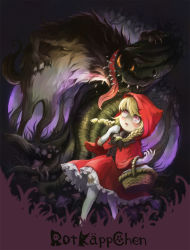 Rule 34 | basket, blonde hair, claws, hood, little red riding hood, little red riding hood (grimm), monster, pink eyes, red eyes, saliva, teeth, tongue, tree, ume (illegal bible), wolf, yellow eyes, you gonna get raped