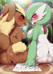 Rule 34 | 2girls, animal ears, anus, ass, blurry, blurry background, body fur, breasts, brown fur, censored, cleft of venus, creatures (company), dagashi (daga2626), from behind, furry, furry female, game freak, gardevoir, gen 3 pokemon, gen 4 pokemon, heart, heart-shaped pupils, highres, hypnosis, large breasts, looking at viewer, looking back, lopunny, mind control, multiple girls, nintendo, outdoors, pokemon, pussy, red eyes, saliva, sideboob, sitting, symbol-shaped pupils, tail