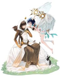 Rule 34 | 2boys, absurdres, arm tattoo, barefoot, black hair, blue eyes, blue hair, bottle, braid, brown hair, bug, butterfly, capelet, commentary, crop top, emoji, feathered wings, flower, full body, genshin impact, gold trim, gradient hair, hair flower, hair ornament, highres, hood, hood up, hooded capelet, hooded coat, insect, kkopoli, long hair, male focus, multicolored hair, multiple boys, official alternate costume, orange eyes, ponytail, rabbit, saliva, short hair with long locks, shorts, single thighhigh, sitting, squirrel, symbol-only commentary, tankard, tattoo, thighhighs, toeless legwear, twin braids, venti (archon) (genshin impact), venti (genshin impact), white background, white flower, white shorts, white wings, wine bottle, wings, zhongli (archon) (genshin impact), zhongli (genshin impact)