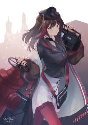 Rule 34 | 1girl, absurdres, animal ears, arknights, artist name, bear ears, black hat, black shirt, blue eyes, blush, breasts, brown hair, chinese commentary, commentary request, cowboy shot, dated, fire hydrant, hand up, hat, highres, holding, jacket, long hair, looking at viewer, medium breasts, miniskirt, multicolored hair, official alternate costume, open clothes, open jacket, pantyhose, peaked cap, radio, red hair, red pantyhose, shirt, signature, skirt, solo, streaked hair, white skirt, wingure, zima (arknights), zima (ready to go) (arknights)
